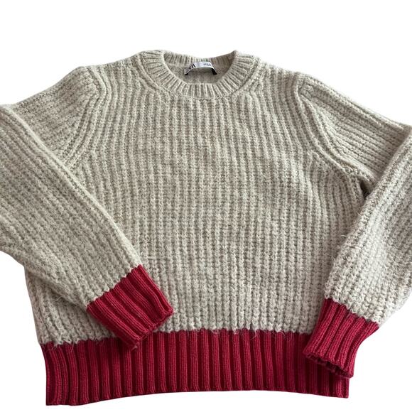 Zara Vintage-Inspired Rib Knit Sweater Cream Tan Contrast Trim Preppy Size Small - Picture 2 of 4